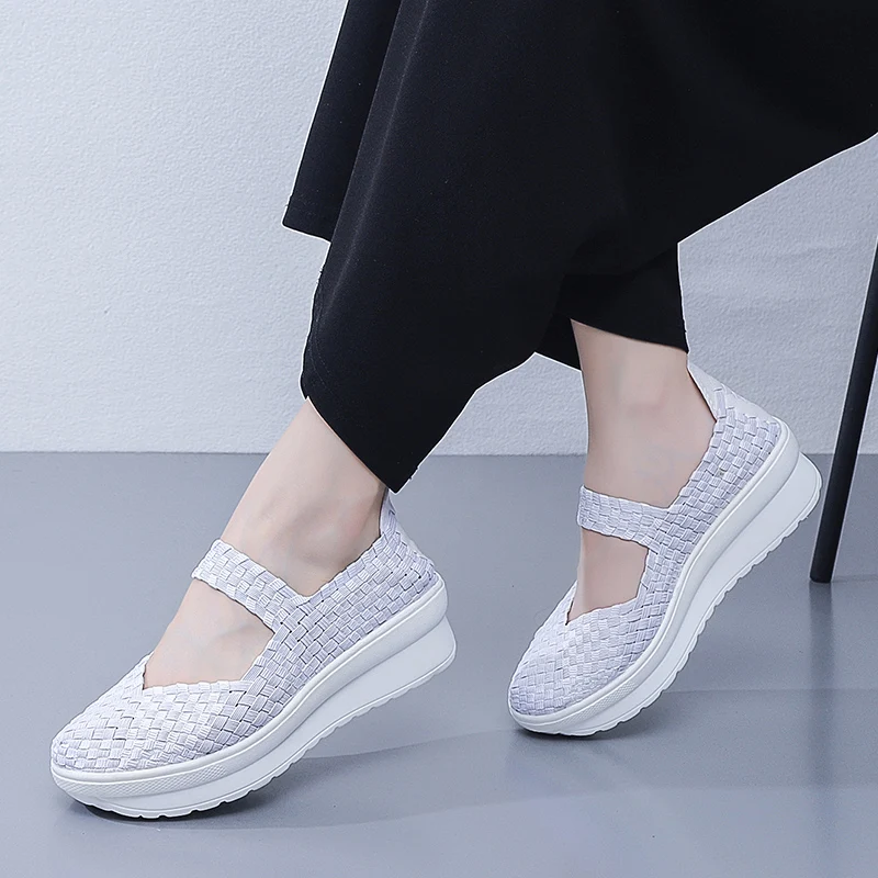 5CM Women Woven Loafers Walking Shoes Sports Outdoor Light Flats Breathable Fitness Sneakers Black Size 35-41