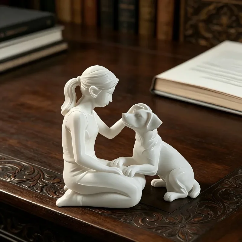 3D Printed Girl and Dog Figurine Pet Lover Statue Minimalist Human‑Pet Bond Sculpture Desktop Tabletop Ornament Home Decor