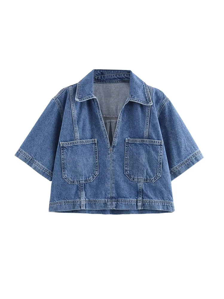 Willshela Women Fashion With Pockets Denim Cropped Blouse Vintage Lapel Neck Short Sleeves Female Chic Lady Tops Shirts