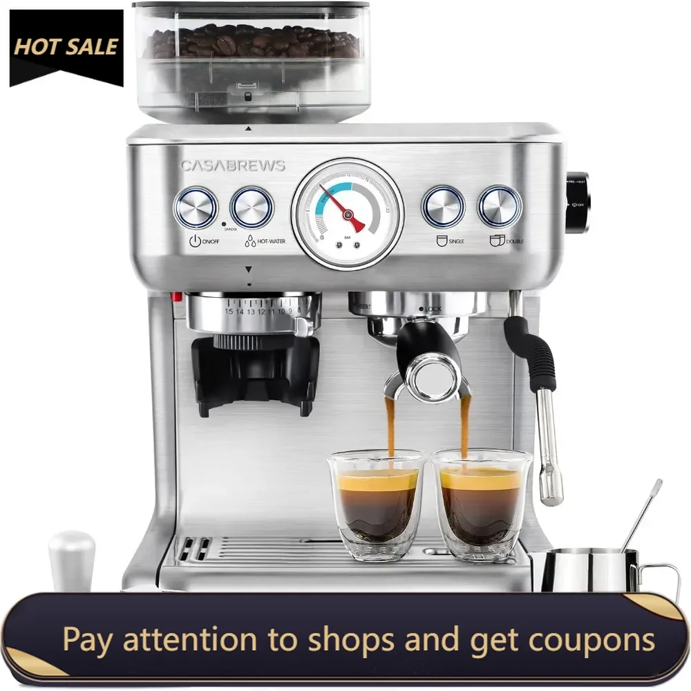 

Espresso Machine With Grinder,Espresso Maker With Milk Frother Steam Wand, Barista Latte Machine With Removable Water Tank