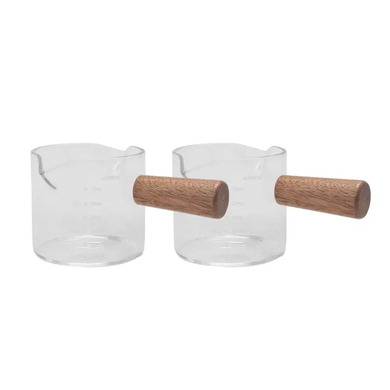 B50C 2Pcs Double Spouts Espresso Shot Glasses Measuring Glass Espresso Cups Cookware With Wood Handle For Milk Coffee, 75 Ml Dur