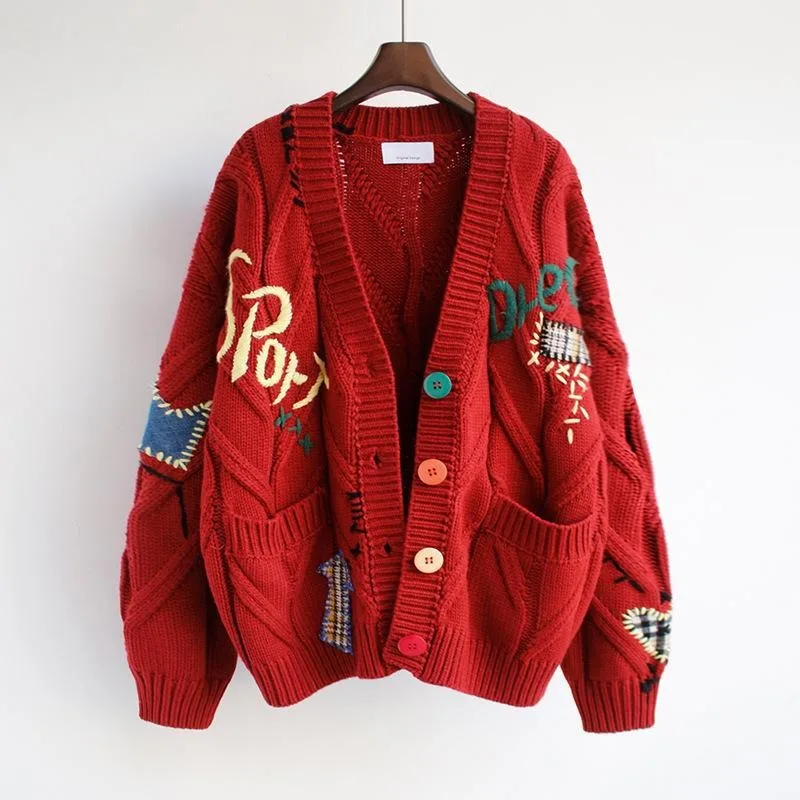 Fashion Lazy Style Embroidered Jumper Tops Autumn Sweater Graffiti Letters Y2k Knitted Cardigan Women Oversized Cardigan Jacket