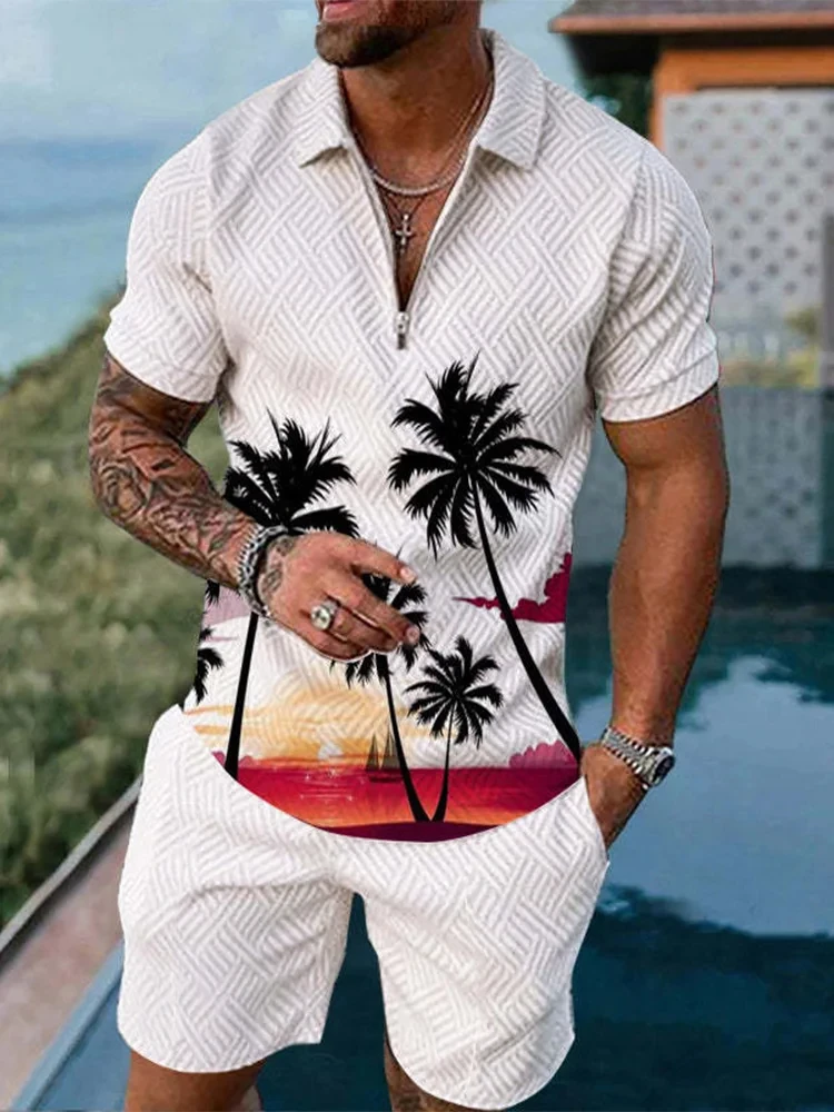 Hawaiian Coconut Tree 3D Print Men\'s Zipper Collar Tracksuit Summer Trend Polo Shirt Shorts 2pcs Sets Men\'s Streetwear Set