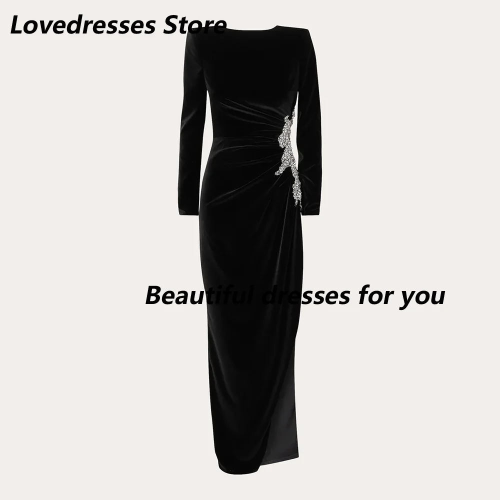 فساتين سهرة سوداء مخصصة برقبة دائرية وأكمام طويلة في المملكة العربية السعودية فستان حفلة موسيقية أنيق مطرز بشق جانبي مخملي #4