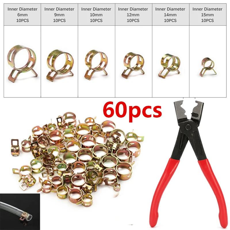 60PCS+Plier Spring Band Type Vacuum Hose Pipe Clamp Low Pressure Air Clip Clamp 6mm/9mm/10mm/12mm/14mm/15mm Hose Pipe Clamp