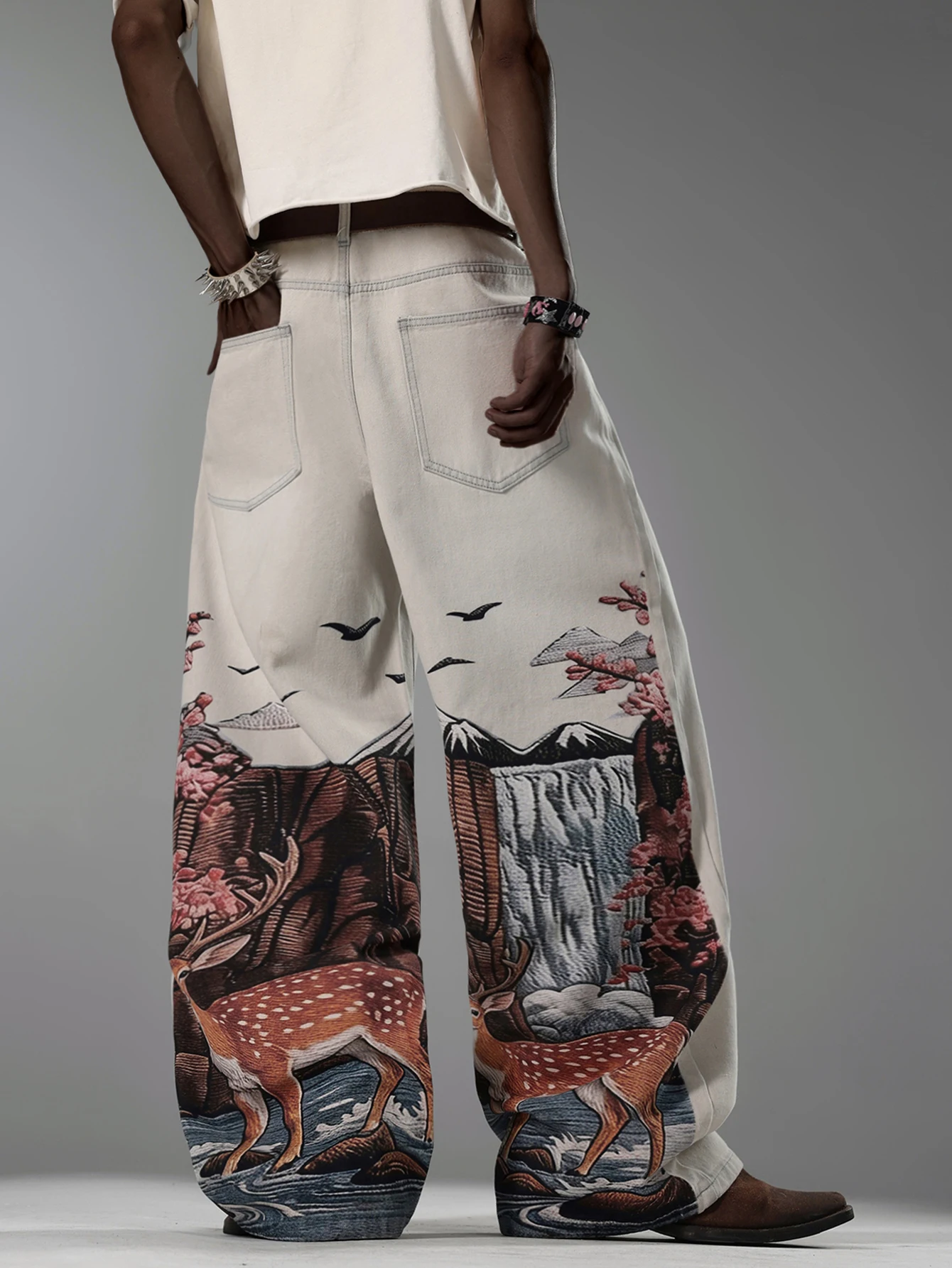 American Retro Art Natural Print Light Gray Baggy Jeans Man y2k Street Trend Fashion Versatile Straight-Leg Wide Pants