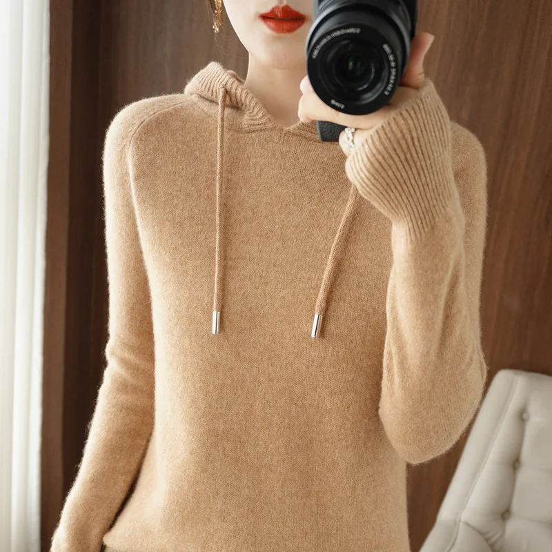 Women Merino Wool Sweater Outwear Hooded Collar Pullover Autumn Winter Bottoming Knitwear Casual Warm Soft Tops Solid Color