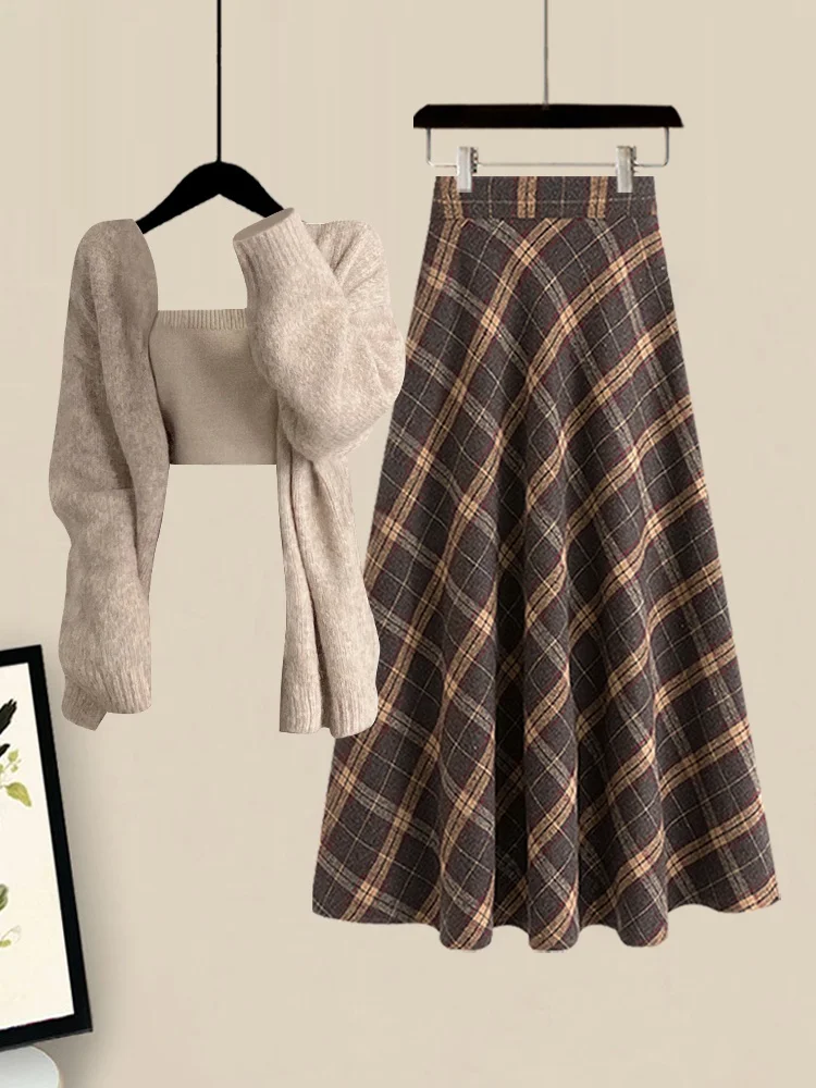 

Женский вязаный свитер в стиле ретро для колледжа, кардиган, жилет, клетчатая юбка, комплект, осень-зима, модный ансамбль, миди с высокой талией...