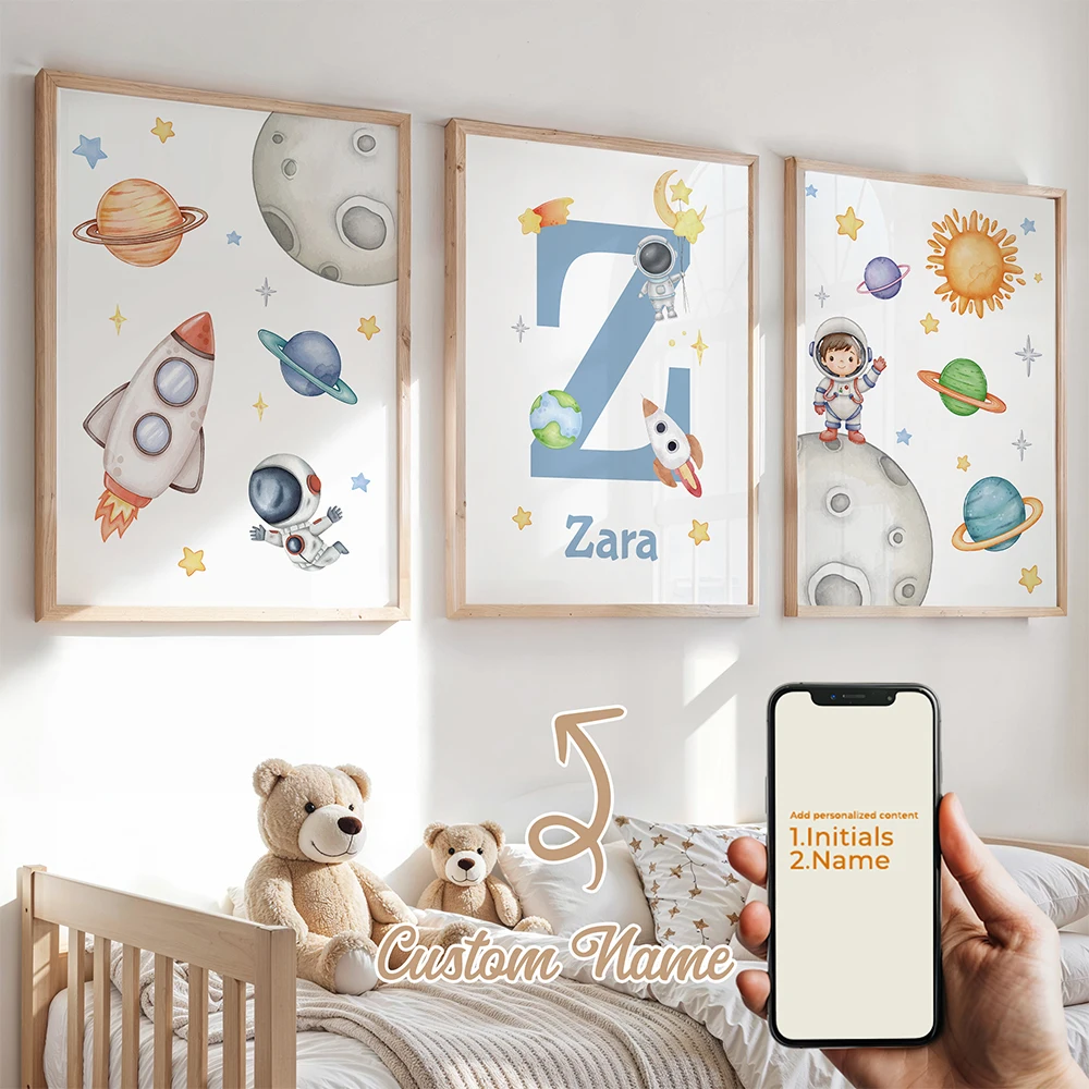 3-teiliges Personalisiertes Blauer-Planet Wandkunst-Set, Leinwand-Poster, Gemälde für Wohnzimmer und Kinderzimmer-Dekoration