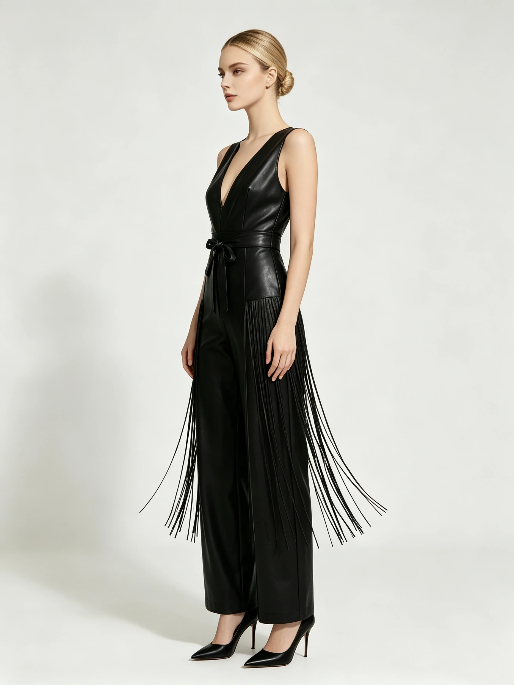 Women's Faux Leather Jumpsuit with Deep V-Neck and Side Fringe Detail