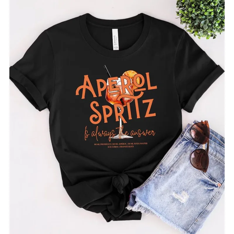 Camiseta con la receta del Aperol Spritz. Camiseta Negra con Gráfico de Prosecco de 90 ml, Aperol de 60 ml y Rodaja de Naranja, Regalo para Amantes de los Cócteles Italianos