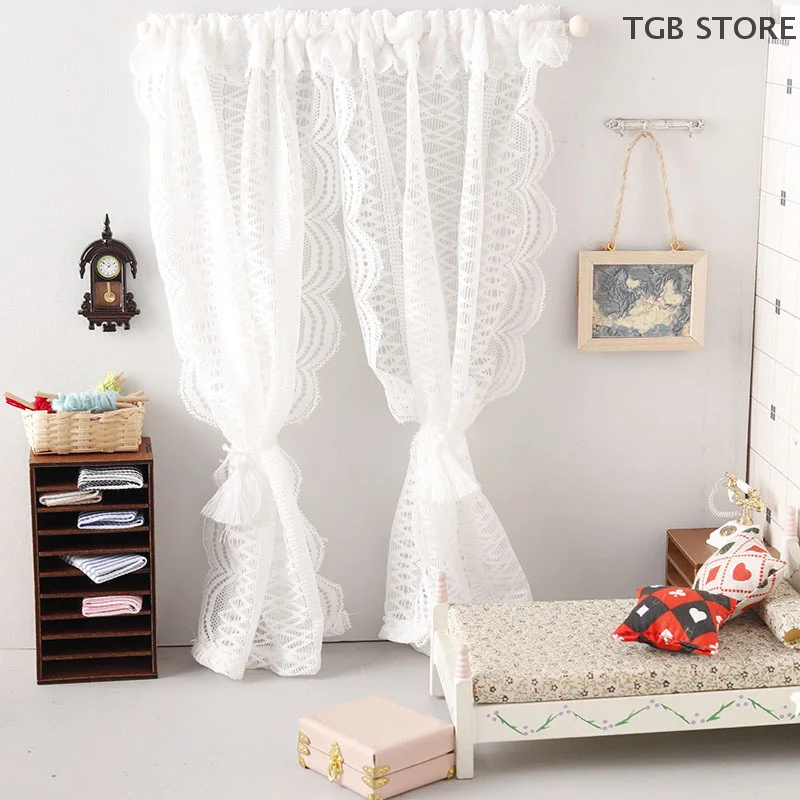 1/12 Scale Lace Curtain Miniature Dollhouse Bedroom Furniture Decor Toy Dolls House Accessories for Micro Scene Photo Props