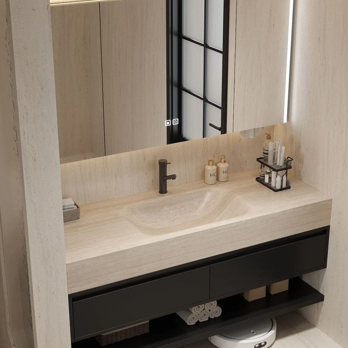 Blogger,the Same Travertine Rock Slab Hot Bending Integrated Basin, Bathroom, Bathroom Cabinet, Double-layer Combination Cabinet