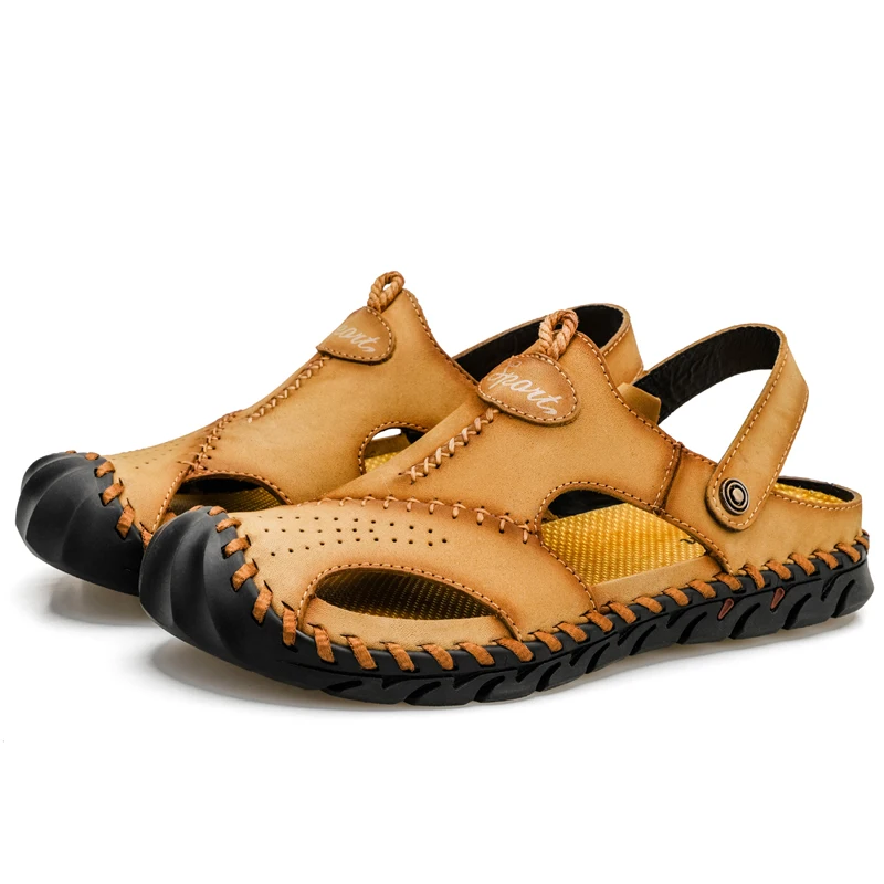 Men Full Grain Leather Hand Stitch Big Size Outdoor Beach Sandals Closed Toe Non Slip Comfort Summer Water Shoes EU38-EU48