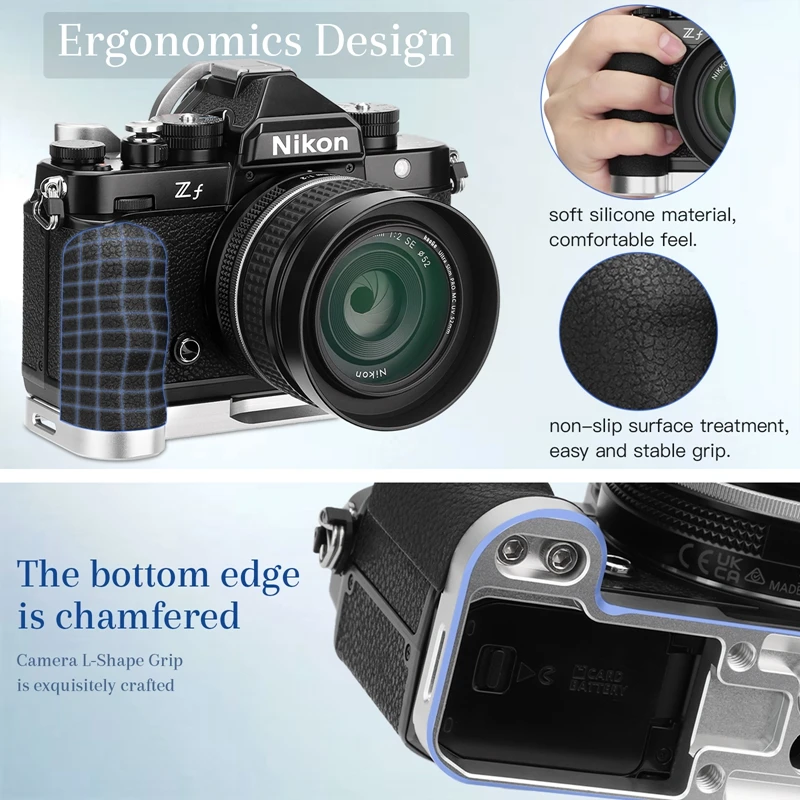 Haoge MHG-ZFW Handgriff für Nikon Zf Z F Kameragriff, integrierte Arca-Typplatte für DJI RS2/RS-C2/RS3/RS3-PRO/RS3 Mini, Silber