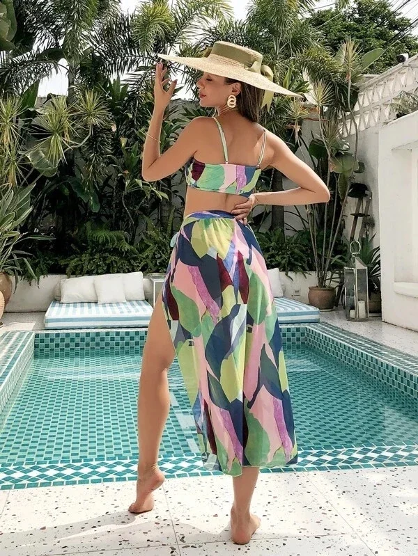 スプリット水着 3 ピースビキニスーツカラーブロッキングセクシーなビーチカバーアップスカートハイウエスト女性水着カバーアップ 2022 夏新