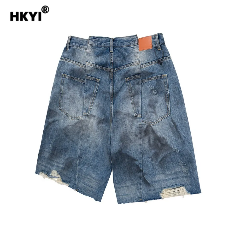 HKYI mens jean shorts washed, pleated, dirty, dyed cat Moustache Effect destroyed, deconstructed, loose casual denim shorts