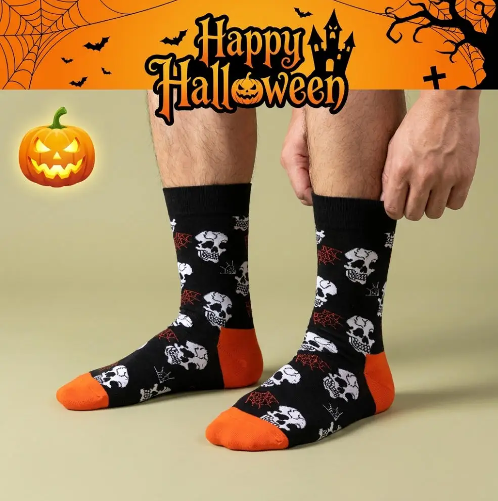 Halloween Cosplay Socks 5 Pairs, Funny Skull Pumpkin Ghost Mummy Crew Socks, Unisex Novelty Socks for Women Men Fall Winter