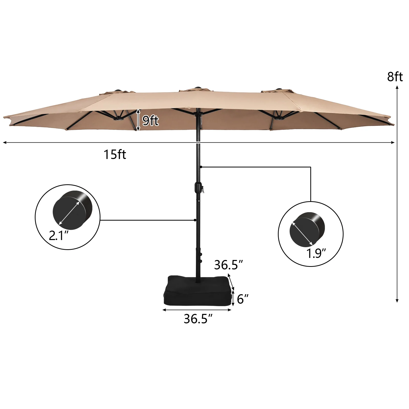 15FT Double-Sided Twin Patio Umbrella Sun Shade Outdoor Crank Market Base Coffee