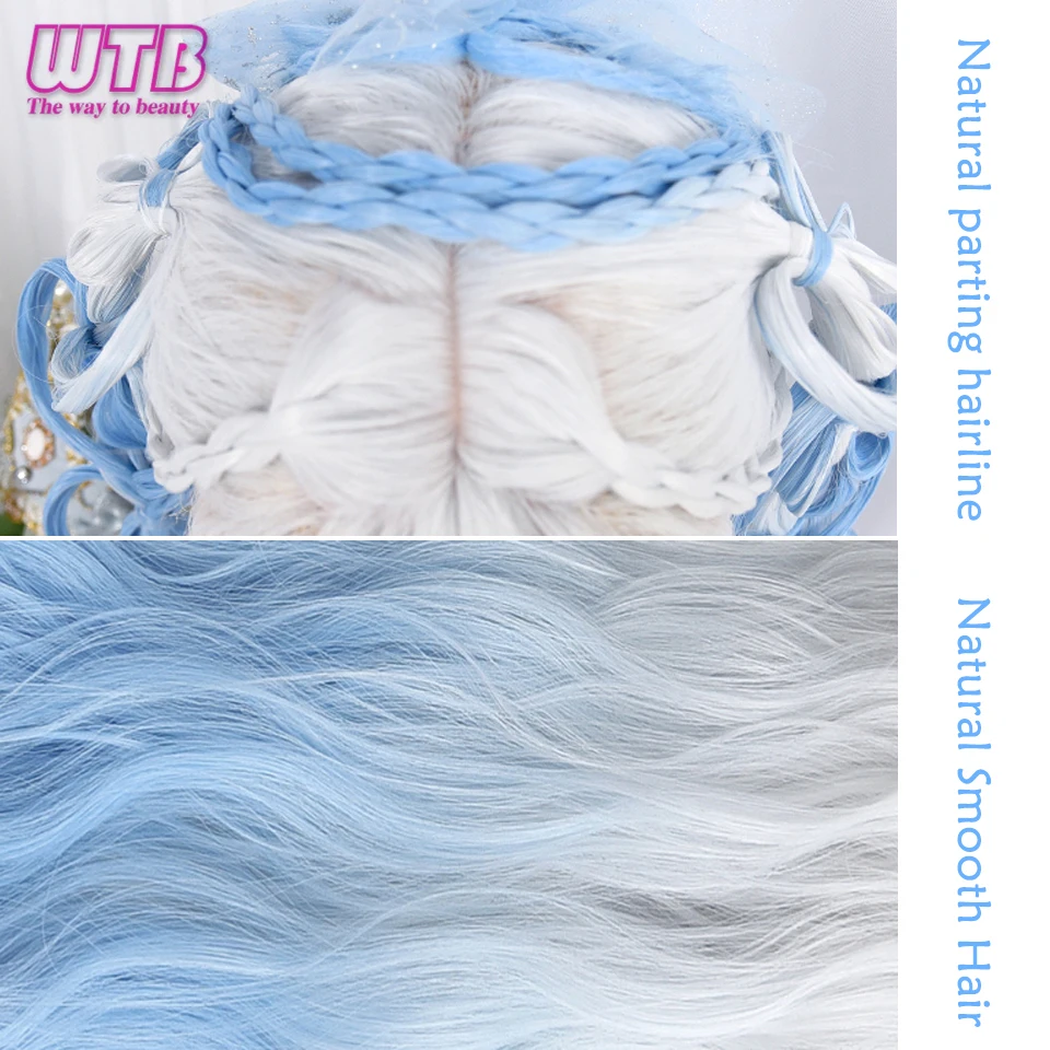 WTB Cosplay Wig Synthetic Long Wavy White Ombre Light Blue Colorful Lolita Wigs with Bangs Halloween Daily Wigs Heat Resistant