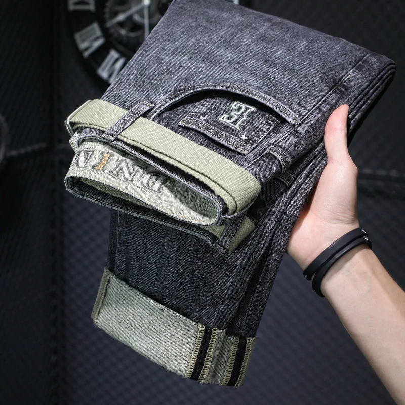High-End Embroidery Soft Stretch Gray Jeans Men's Spring and Summer Trends Slim Fit Skinny Casual Skinny Pants