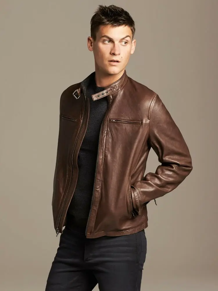 Men 100% New Pure Premium Brown Smooth Leather Young Style Biker Jacket