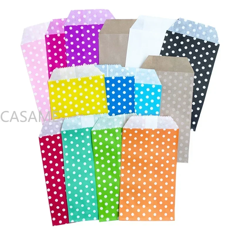 8x15cm 50pcs  Kraft Paper Bags with White Polka Dot Pattern - Perfect for Weddings, Parties, and Small Business Supplies