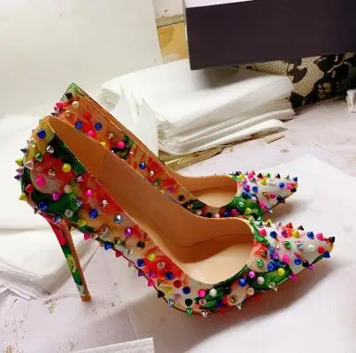 

Newest Women Fashion Pointed Toe Colorful Rivet Spike Studded Shallow Pumps Female Thin Heel Banquet Single Shoes Size 45