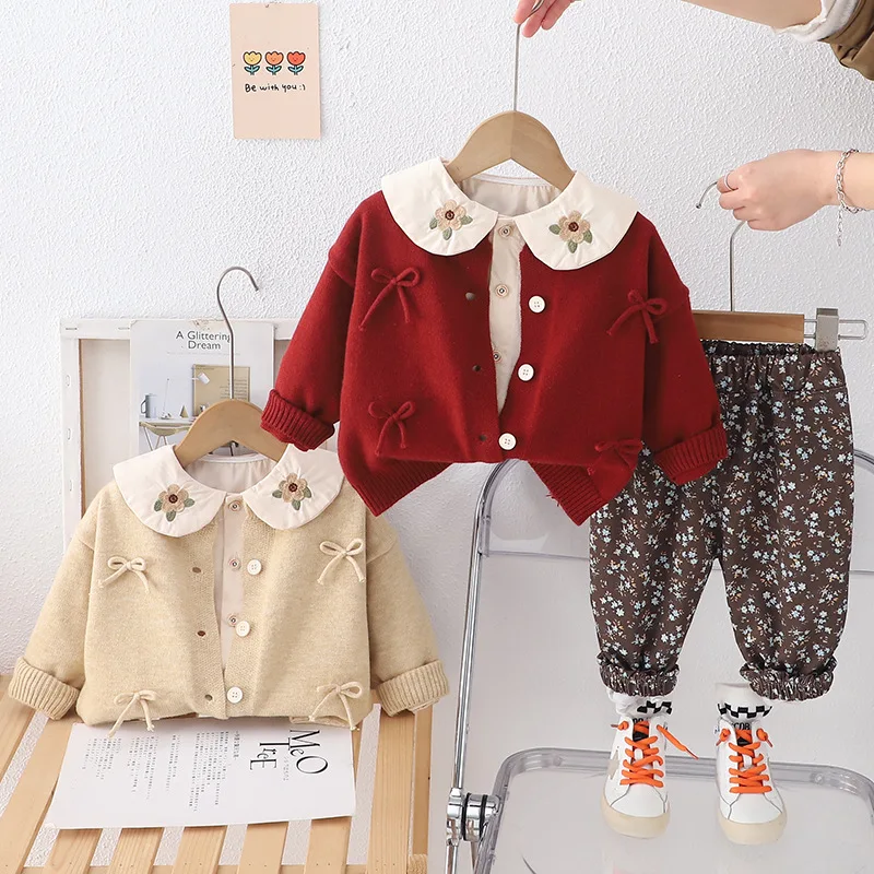 Bellbell Autumn Baby Girls 3PCS Set Flower Embroidery Kid Girls Peter Pan Shirts+bow Knit Sweater Cardigan Printed Pants Outfits