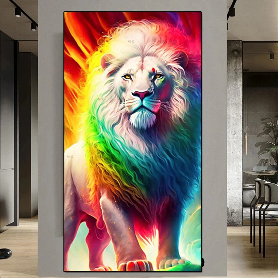 Большая Алмазная вышивка, красочный Лев, вышивка крестиком, Женская фотография, искусственное животное H119