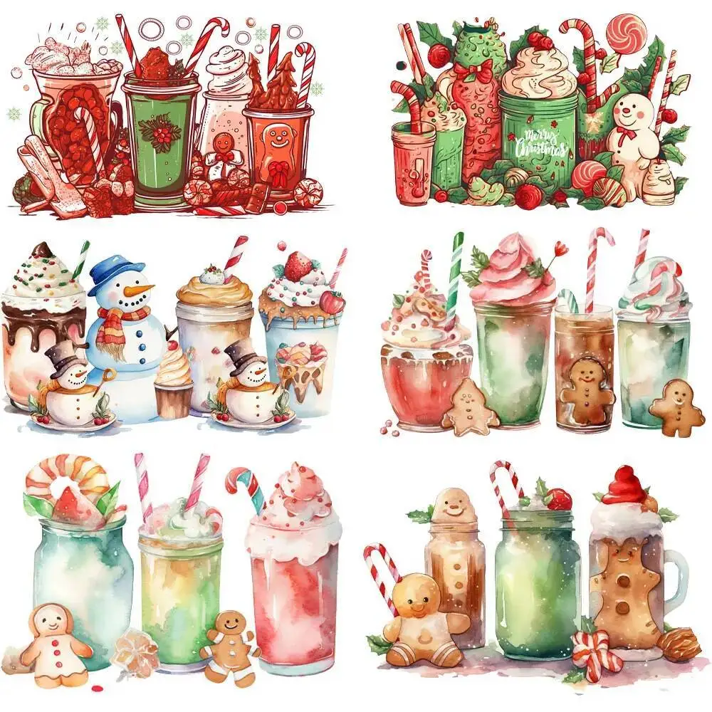 

2025 New Christmas Coffee Cup Thermal Patches DIY Arts Crafts Hoodies Heat Press Appliqued Clothes Stickers Ropa Patch Iron On