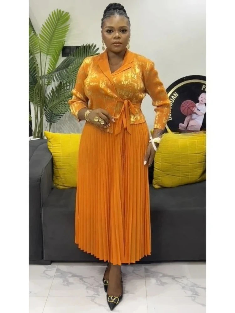 

Pleated Dress For Women 2025 New Gold-pinched Lapel Tie Loose Large Size Women's Folds A-line Skirt Fashion Hot Sales