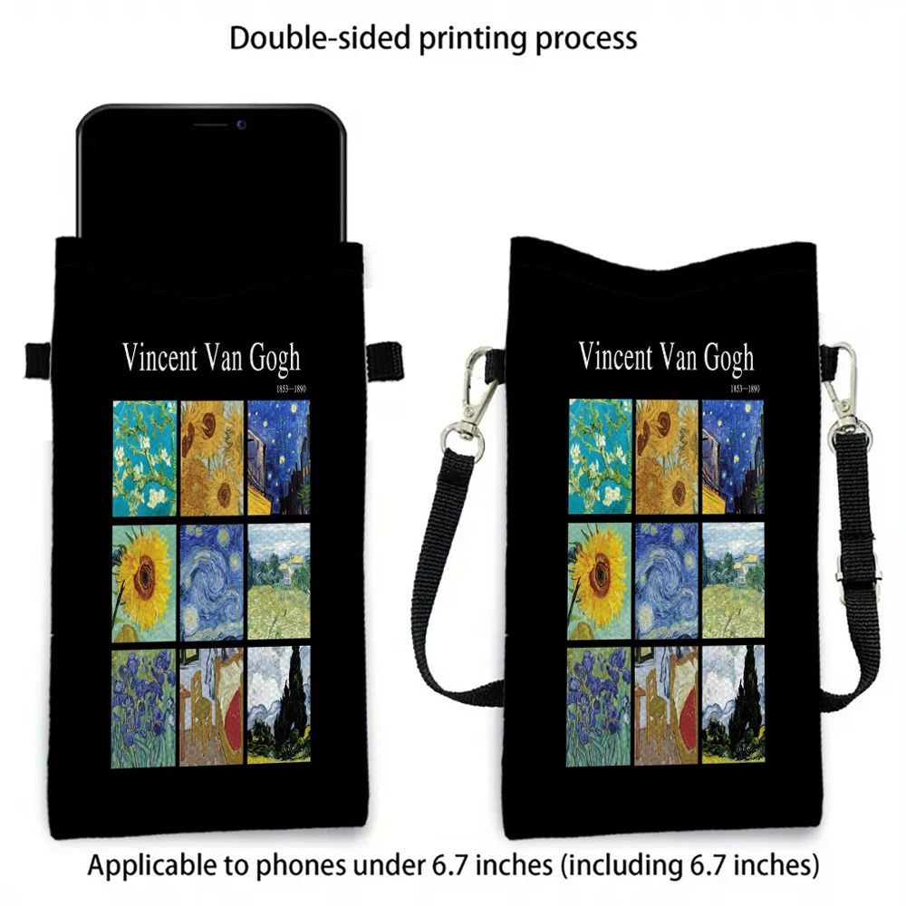 Van Gogh Phone Pouch with Lanyard, Exquisite Pattern Print Crossbody Bag Polyester Fabric Shoulder Bag Mobile Phone Case - view 3