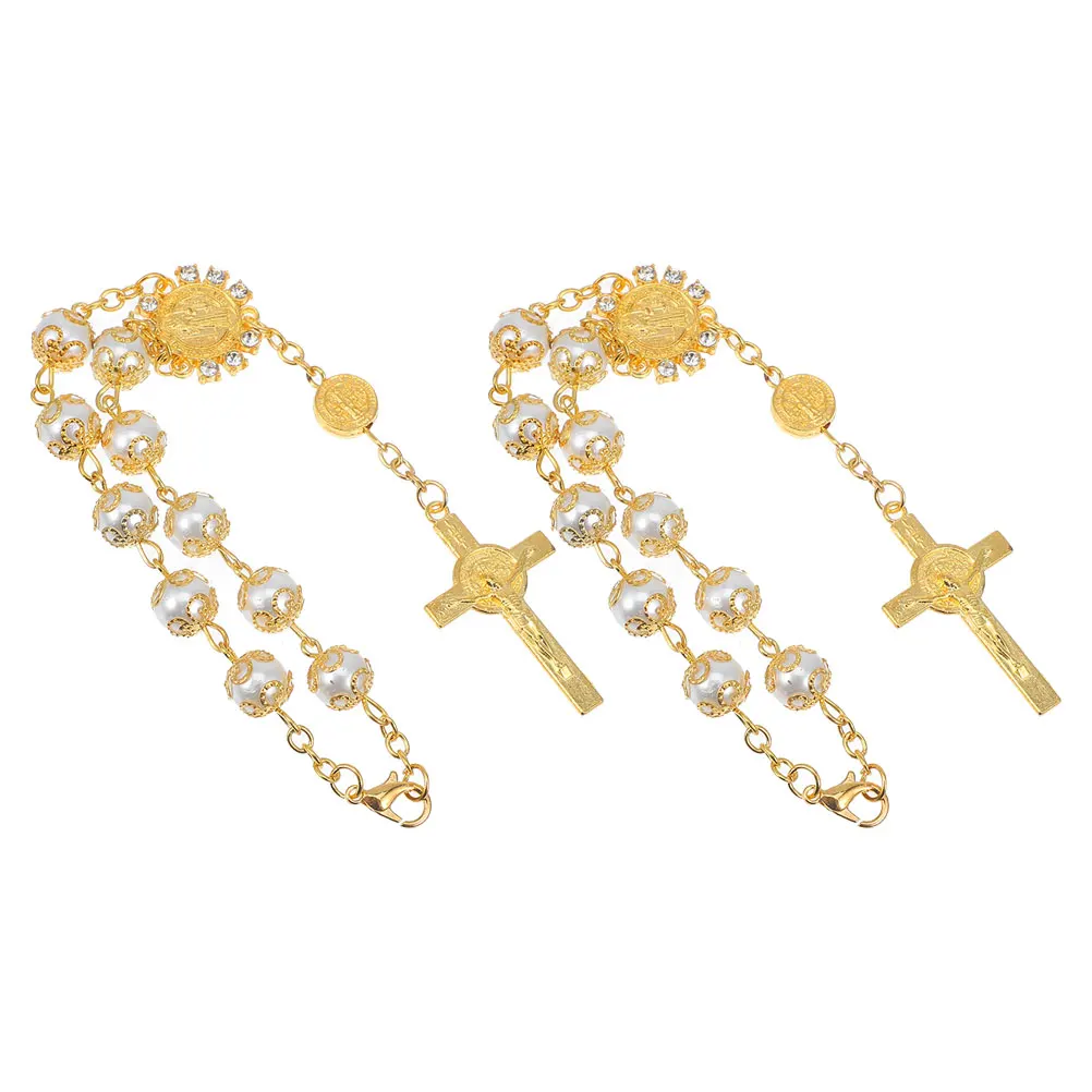 

2pcs Cross Hanging Ornament For Car Gold Silver Trim Imitation Pearl Pendant Car Interior Decoration Blessing Travel Religious