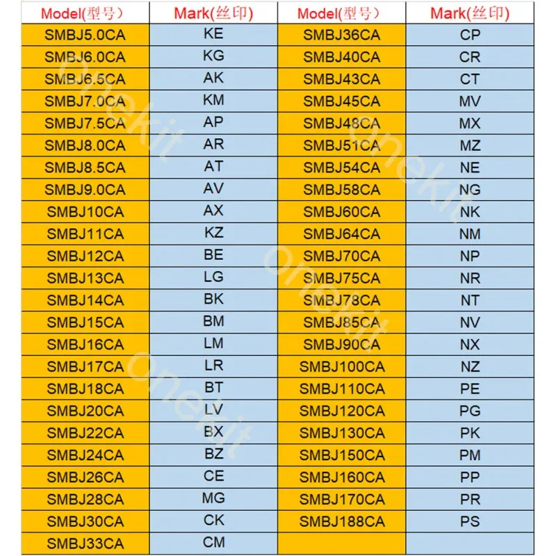50pcs SMD TWO Way TVS Diode SMBJ5.0CA SMBJ6.0CA SMBJ7.C5A SMBJ12CA SMBJ18CA SMBJ24CA SMBJ28CA SMBJ33CA SMBJ100CA SMBJ188CA