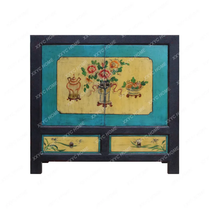 XXNew Chinese-style entrance, solid wood hand-painted old living room cabinet entry foyer decorative storage