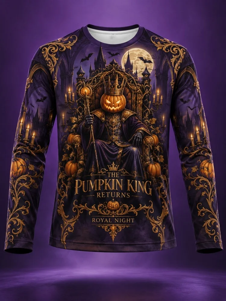 Men's Halloween Pumpkin Cowboy Long Sleeve T-Shirt Western Saloon Bat Moon Rope Skull Graphic Tee Pullover Tops Gift New 2026
