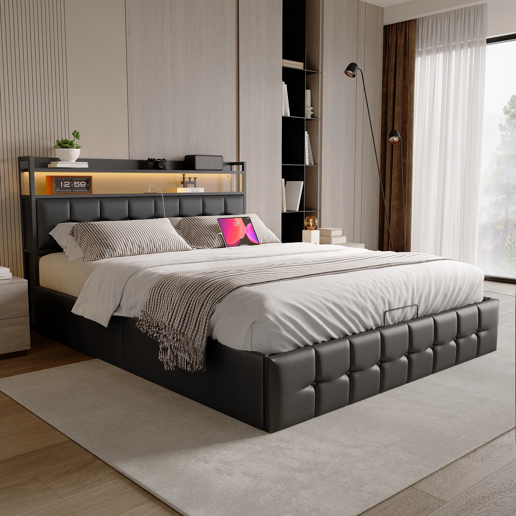 Cadre de lit double Comanlai, 160x200cm, lit rembourré en cuir PU noir avec éclairage LED, ports de charge USB et Type-C, rangement à levage hydraulique