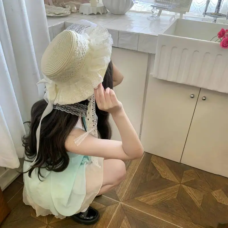 Sweet Lace Lolita Straw Hat Original Ins Style Beach Sunshade Forest Countryside Theme Girls Summer Outdoor Fashion Accessory