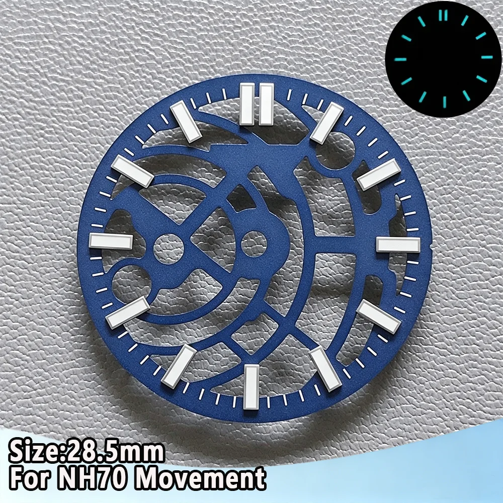 NH70 Dial 28.5mm Hollow Skeleton Dial Blue Black Hollowed Out Dial C3 Green Luminous Watch Face For NH70 NH72 Movement Watch Par