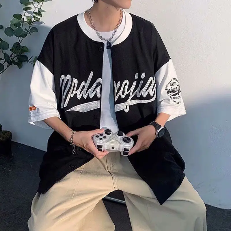 Baseball Shirt Men and Women Hippie Vintage Oversized Hip Hop Streetwear Korean Style Short Sleeve Button Up Blouse Summer Shirt