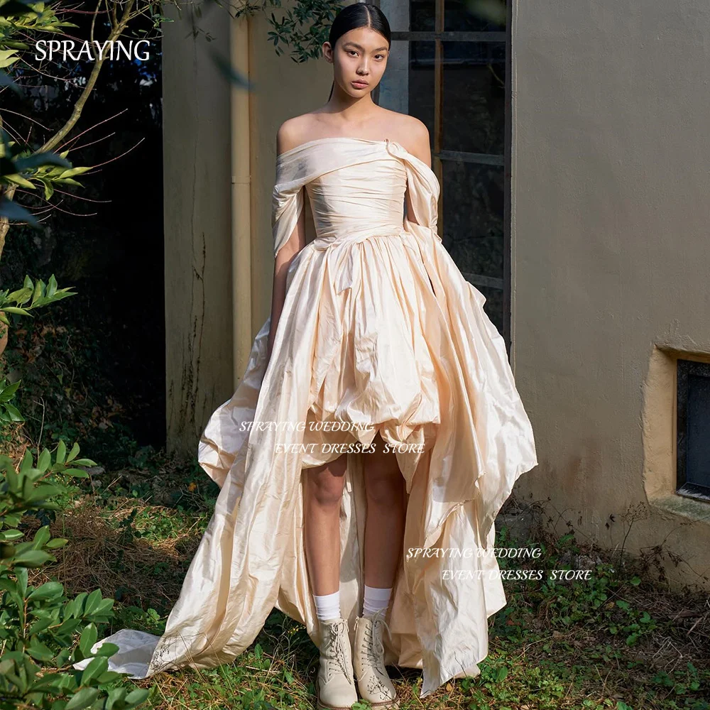 SPRAYING Korea Wedding Dresses Photo Shoot Off the Shoulder Party Dresses Hi-Lo Sweep Train Evening Prom Gown