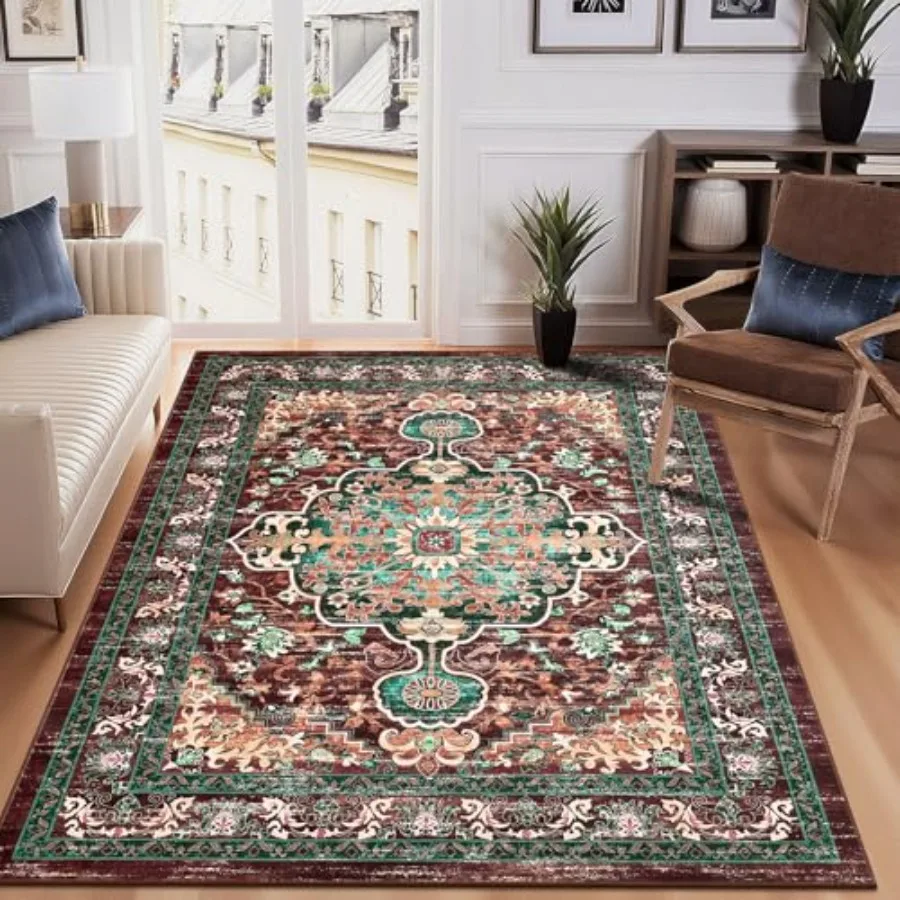 

Boho Vintage Area Rug 5x7 Machine Washable Low Pile UltraThin Soft Floor Carpet Non Slip Non Shedding Accent Rug for Living Roo