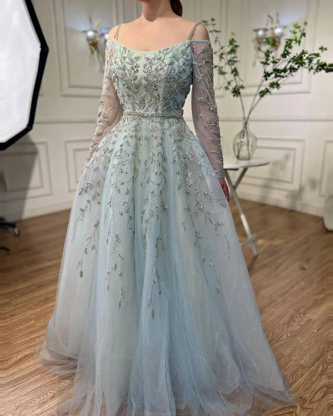 Sapmae Off-the-shoulder Embroidery Beaded Sequined A-line Full Sleeve Bule Elegant Prom Formal Evenning Party Dress For Women