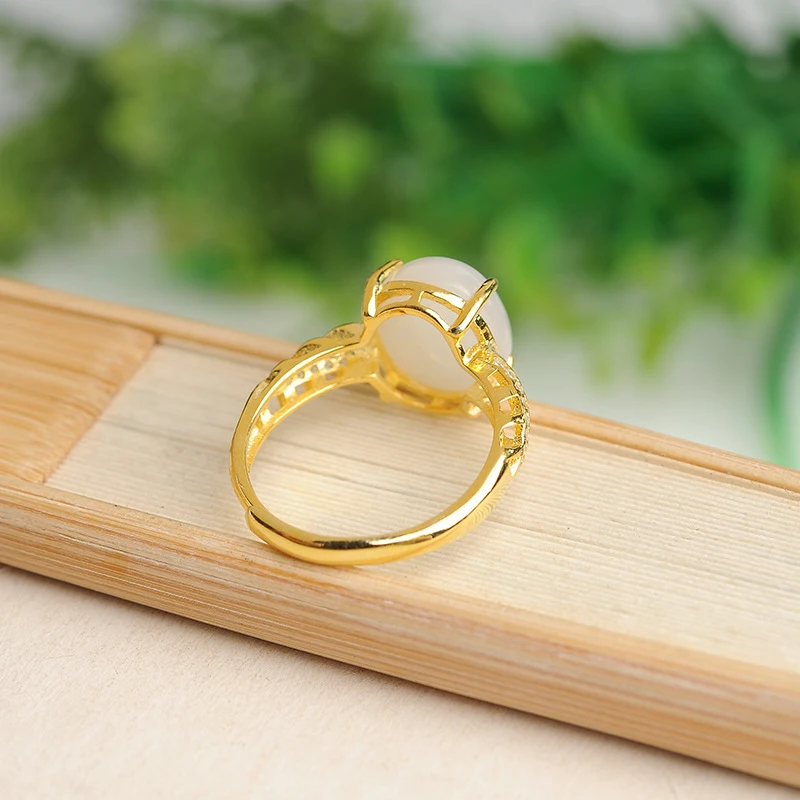 Hotan Ring Spinach Green925Silver inlaid with Hetian white jade women