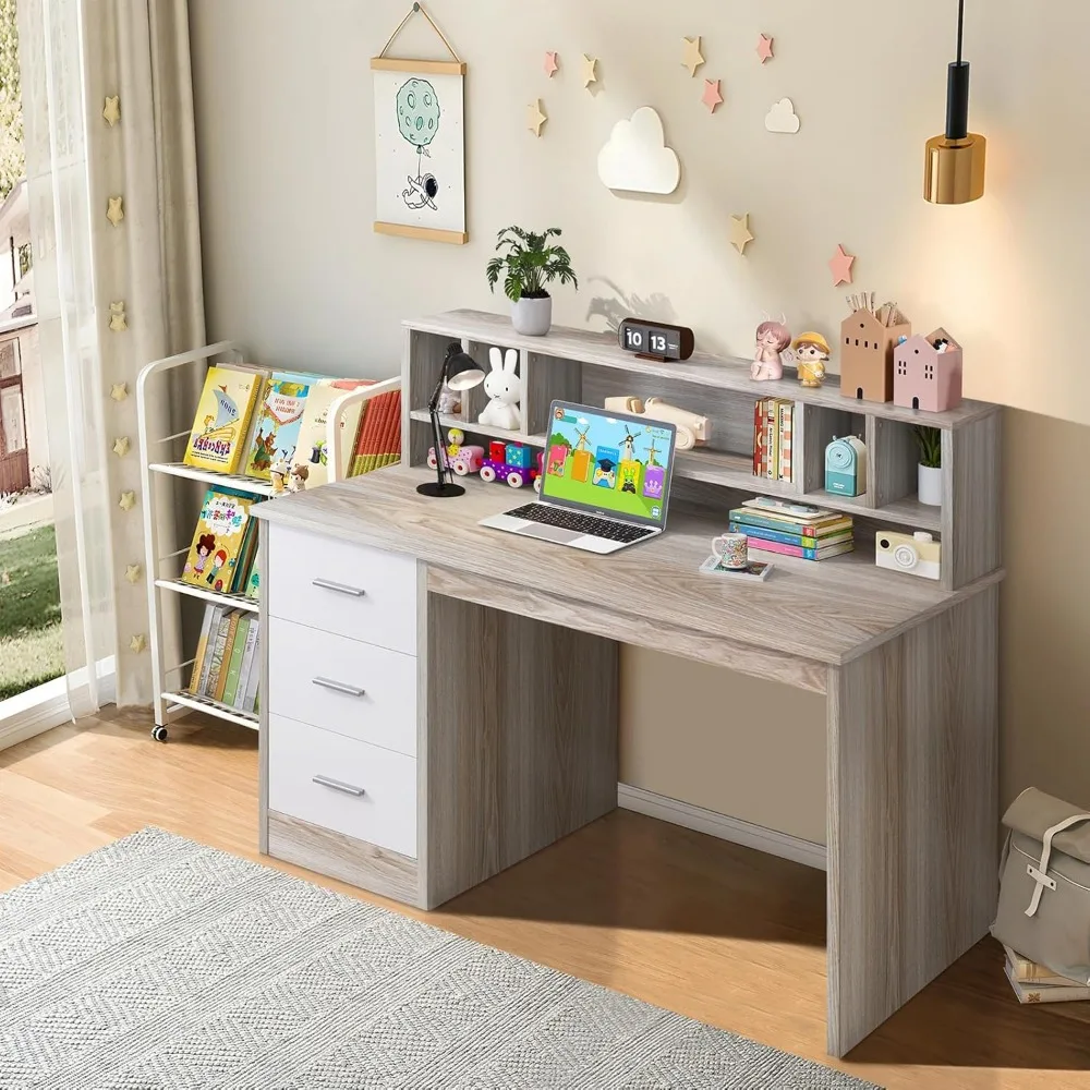 Bureau d'étude pour enfants avec tiroirs, bureau d'étude pour enfants en bois blanc et noyer avec clapier pour enfants, dessin d'écriture pour petits étudiants