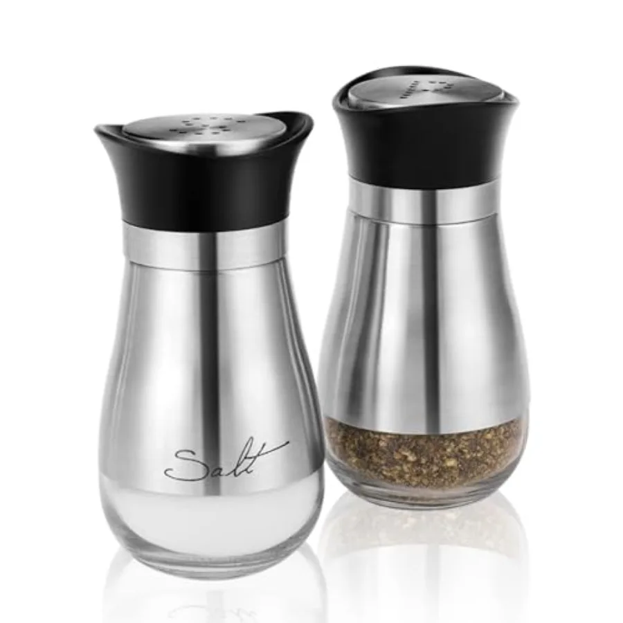 

Modern Salt and Pepper Shakers Set Glass Canister Dispenser with Stainless Steel eve and Black Lid for Spices Sea/Kosher/Himala