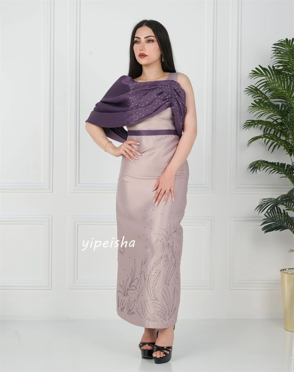 Jiayigong-vestido Midi de satén con diamantes de imitación, traje con cuentas de Navidad, hombros descubiertos, a medida, Arabia Saudita