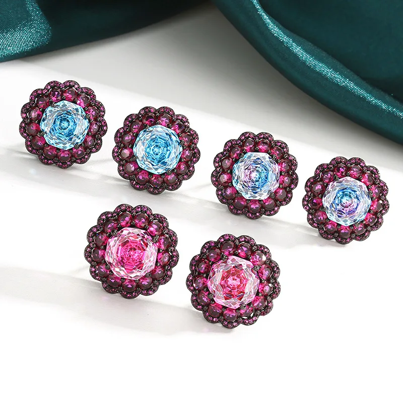 Rose Cut Flower Stud Earrings Multi Layer Purple Blue CZ Floral Earrings Gold Plated Elegant Women Wedding Party Jewelry