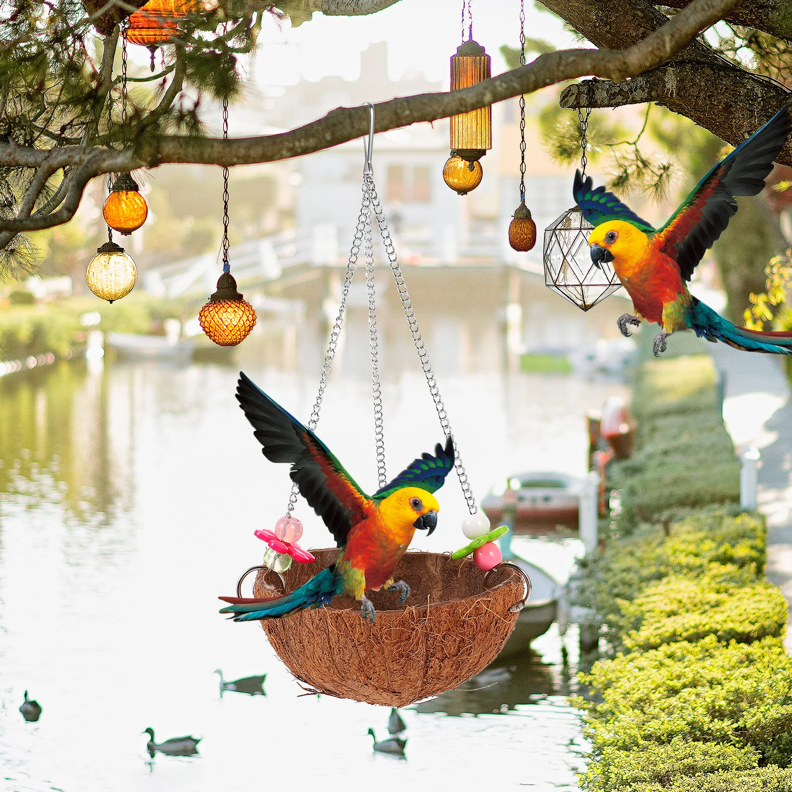 

Natural Coconuts Shell Bird Nest Hanging Birdcage for Parrot Lark Breeding Sleeping Outdoor Garden Decorative Bird Pendant